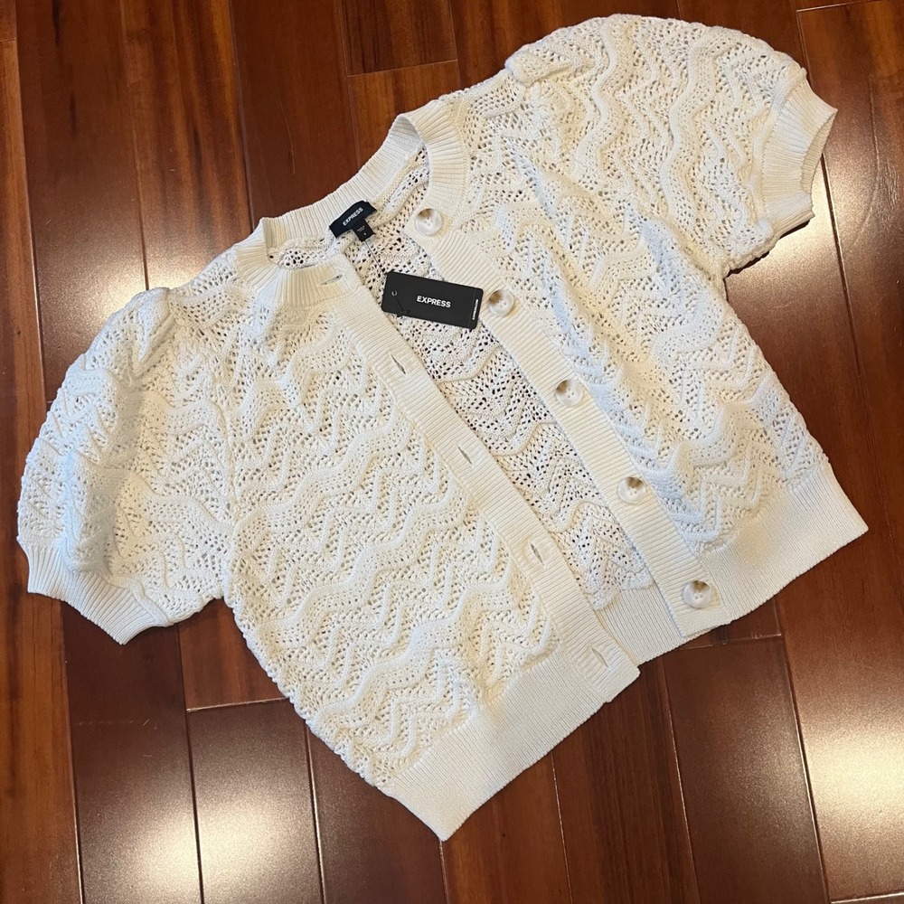 Ivory White Cardigan Sweater Short Sleeve Express Knit Puff Sleeve New Sz Small